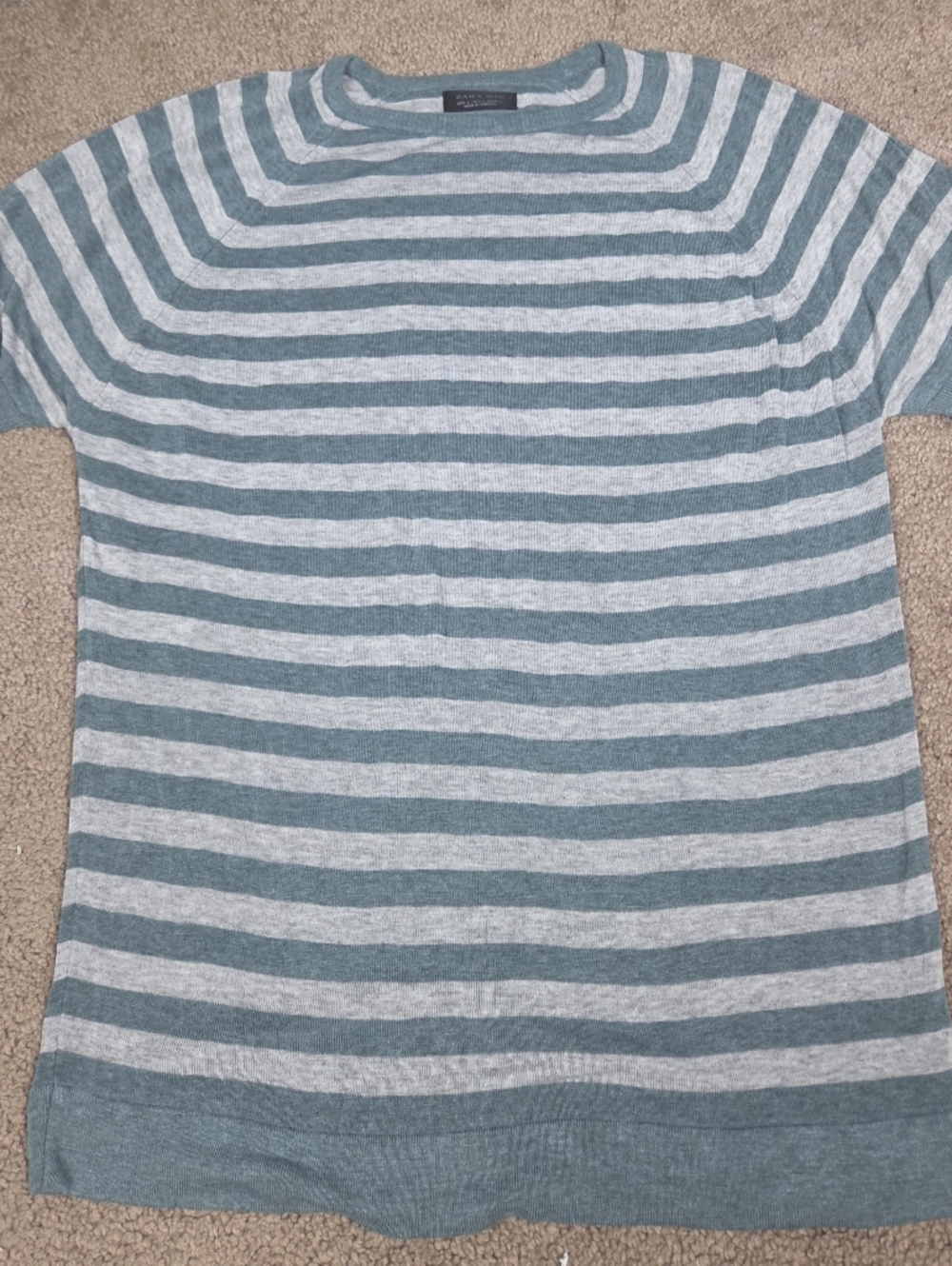 Zara Man Teal and Light Gray Striped Knit Tee
